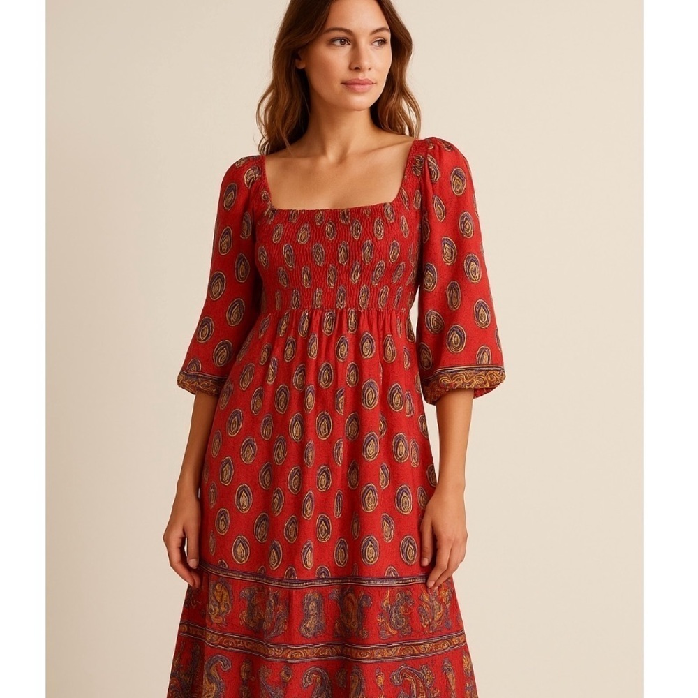 Me 2 Magic Boho Maxi Dress Large Balloon Sleeves Orange Red Retro 70s